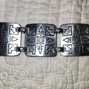 Vintage Metal BELT 36" x 1.5" square pieces linked w hammered rings AZTEC Theme